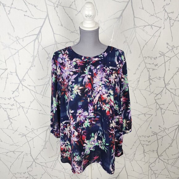 NYDJ Navy Brushstroke Floral Pintuck Popover Blouse - Picture 1 of 7